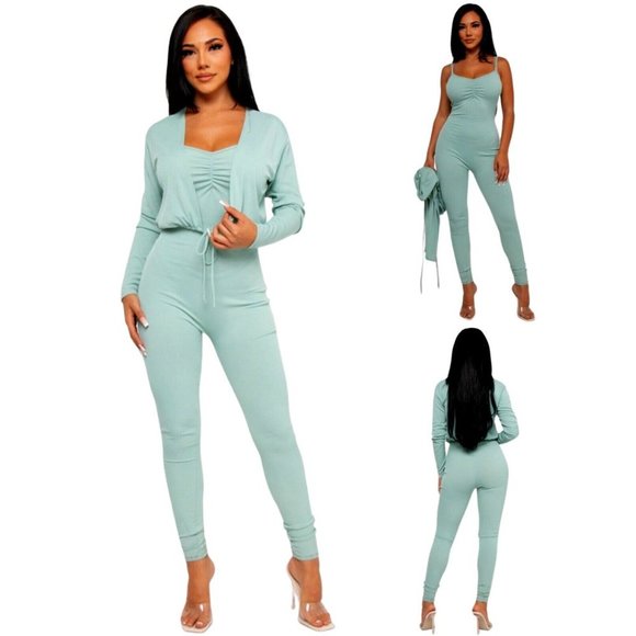 Her..Bottari Pants - Women's Mint Green 2-Piece Spaghetti Strap Jumpsuit and Jacket Set LARGE